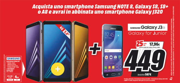 Samsung J3 2016 in regalo acquistando A8 2018, S8 e Note 8 Samsung J3 2016 in regalo acquistando A8 2018, S8 e Note 8
