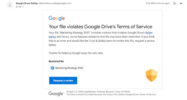 Google Drive avviso email modifiche spam