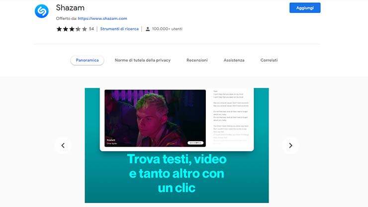 Shazam estensione Google Chrome