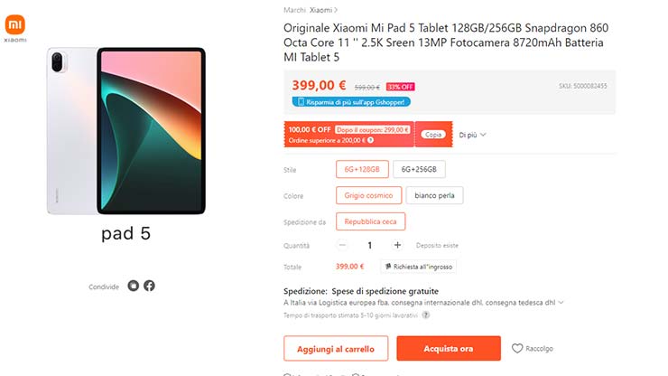 Xiaomi Pad 5 299 euro offerta