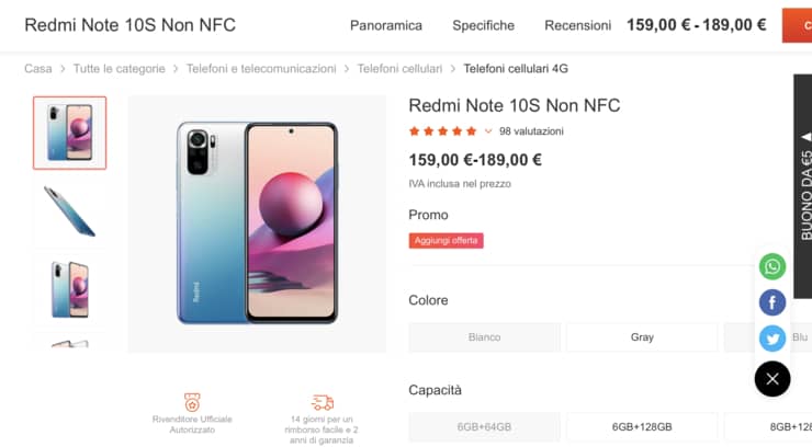 Redmi Note 10S offerta Festa della Mamma