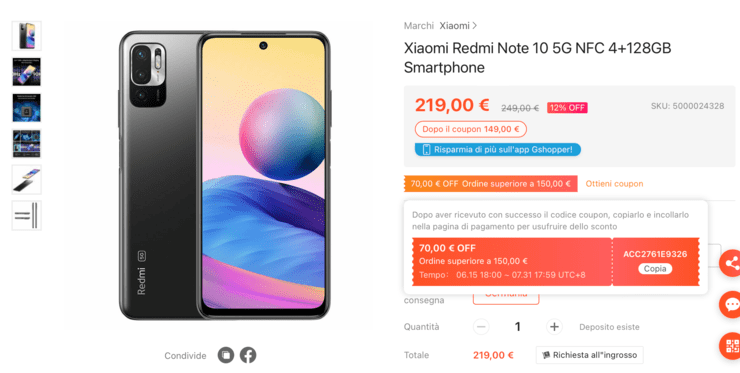 Redmi Note 10 5G offerta