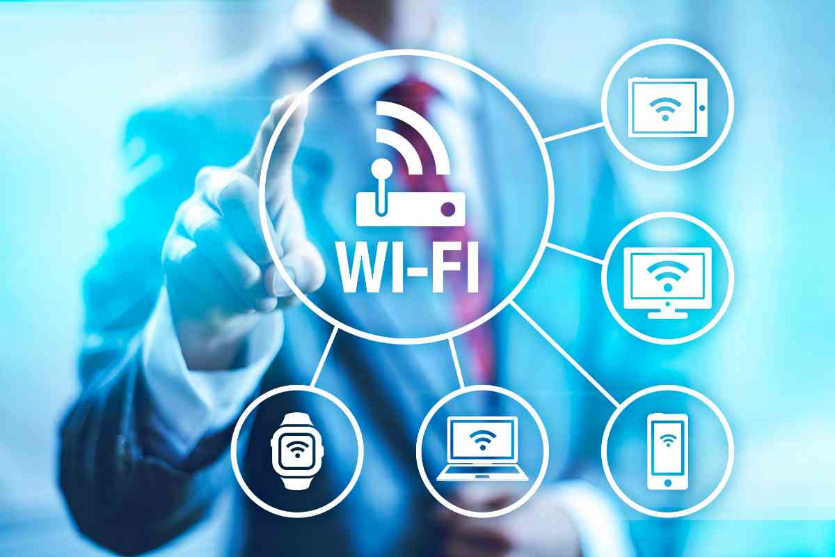 logo wifi e uomo con dito puntato concetto di connessione senza password