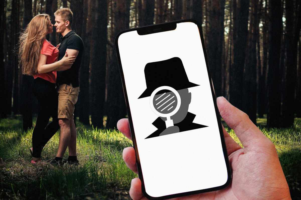 Coppia che tradisce con smartphone che spia