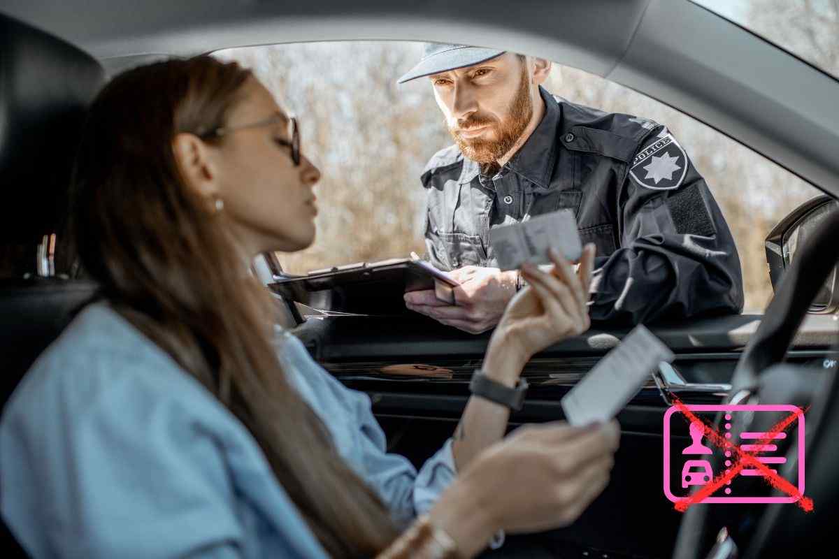 donna in auto fermata da un poliziotto ad un posto di blocco
