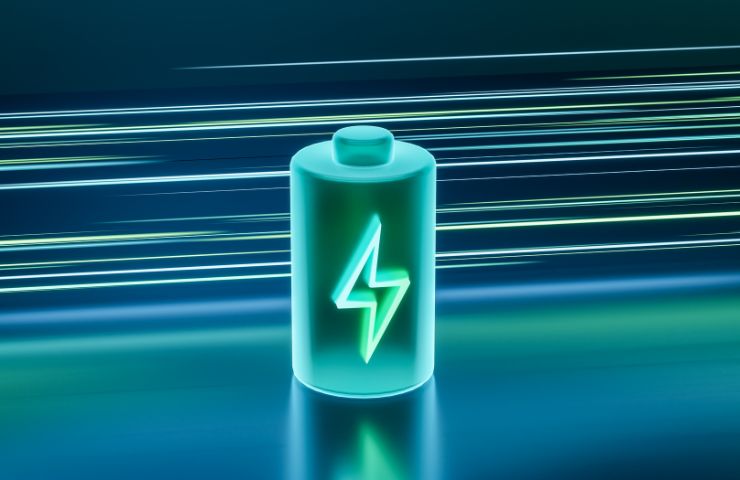 batteria olografica su sfondo digitale