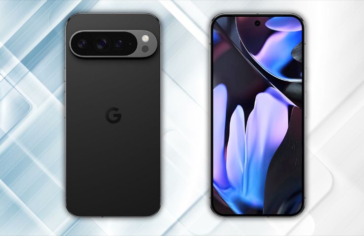 Google Pixel 9 Pro XL fronte retro su sfondo bianco tech