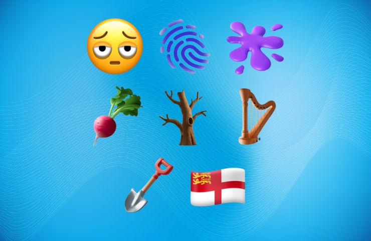 le 8 nuove emoji aggiunte con iOS 18.4: faccina con borse sotto agli occhi, impronta digitale, macchia di colore, barbabietola, arbusto, arpa, pala, bandiera