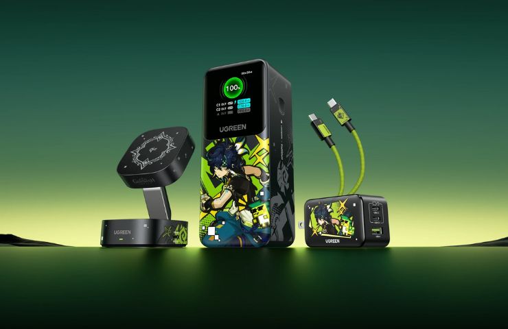 prodotti Ugreen x Genshin Impact su sfondo verde con luce verde chiaro