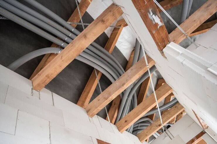 Travi di legno, tubi sul soffitto 