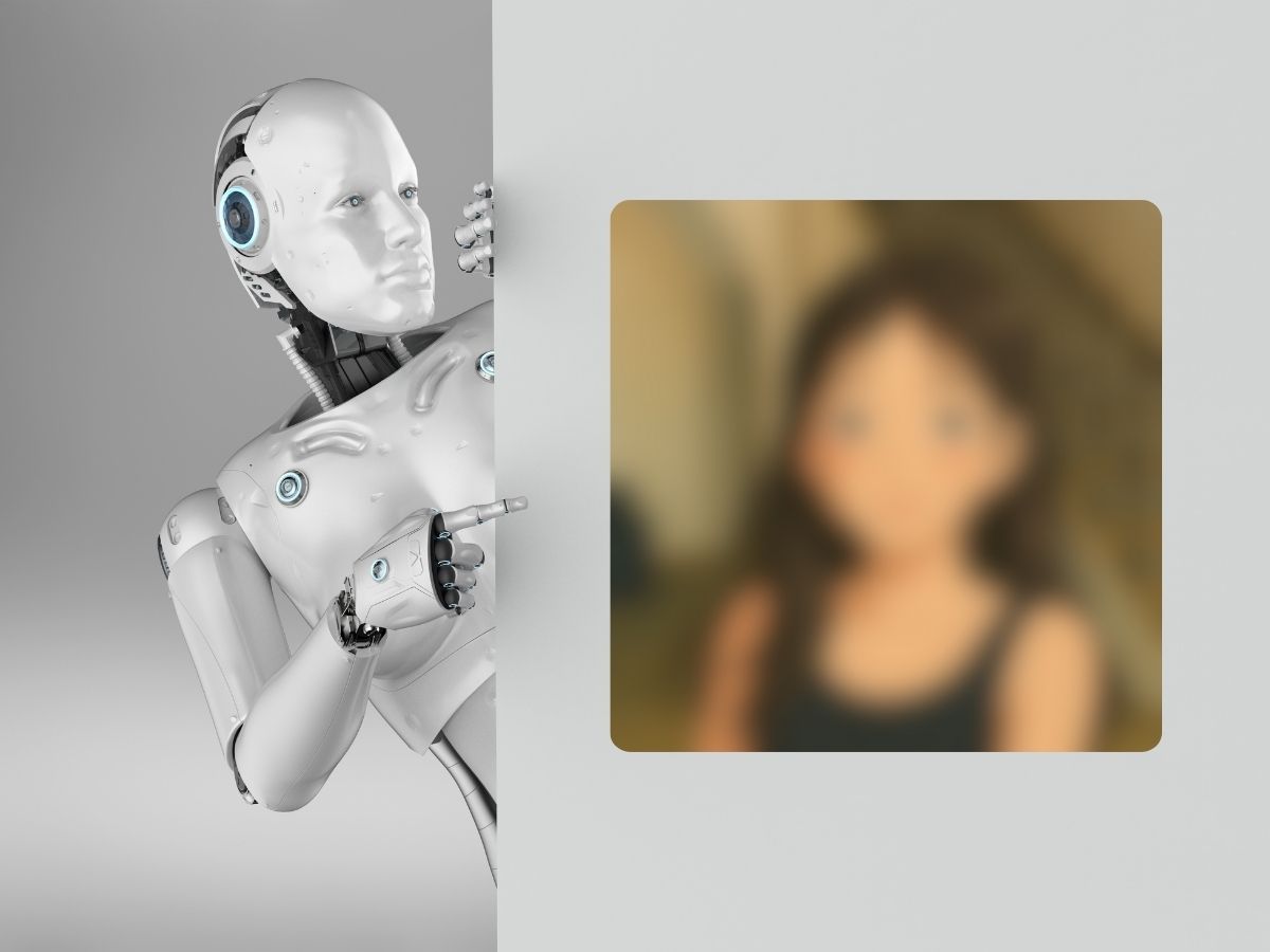 Robot che indica un'immagine sfocata di una persona animata