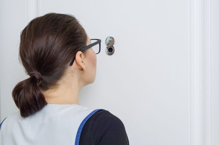 Donna con cosa e occhiali da vista guarda dallo spioncino di casa sua, porta bianca