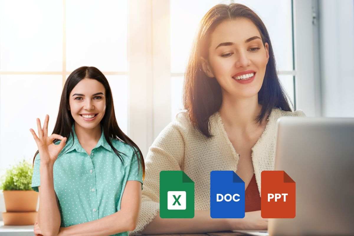 donna che fa il gesto ok sullo sfondo un'altra donan al pc che sorride e le icone dei software per scrivere e fare tabelle
