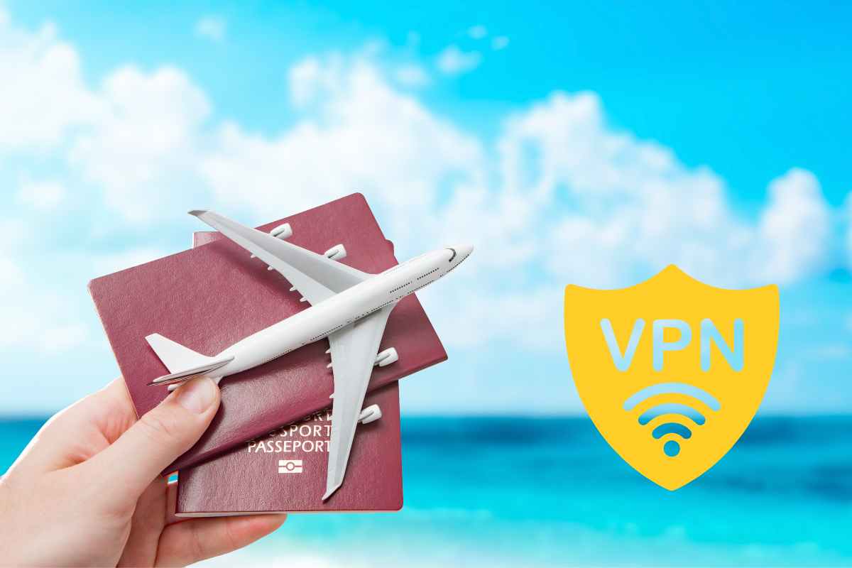 mani che tengono un passaporto e un aeroplanino e il simbolo vpn