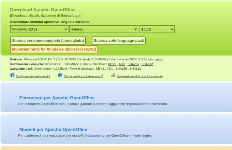 schermata di openoffice da cui scaricare i file