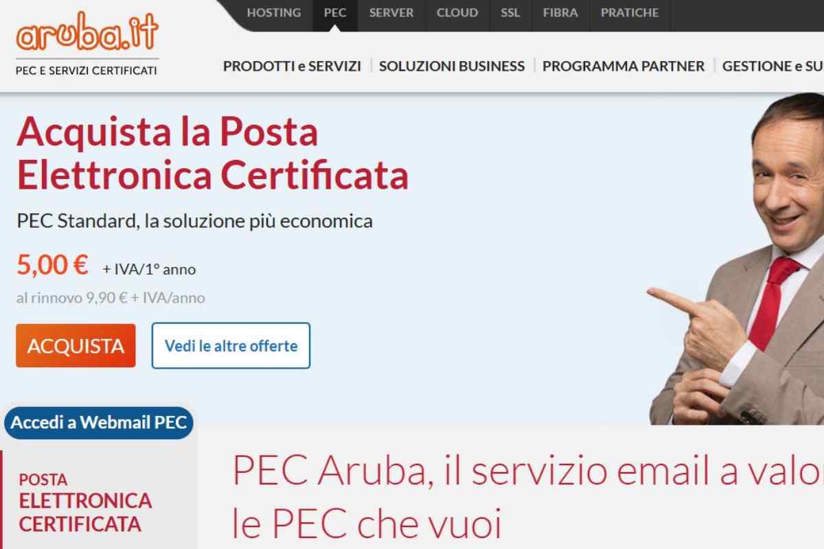 screenshot della pagina della pec aruba