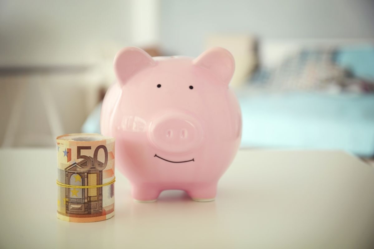 Salvadanaio a porcellino e banconota da 50 euro arrotolata