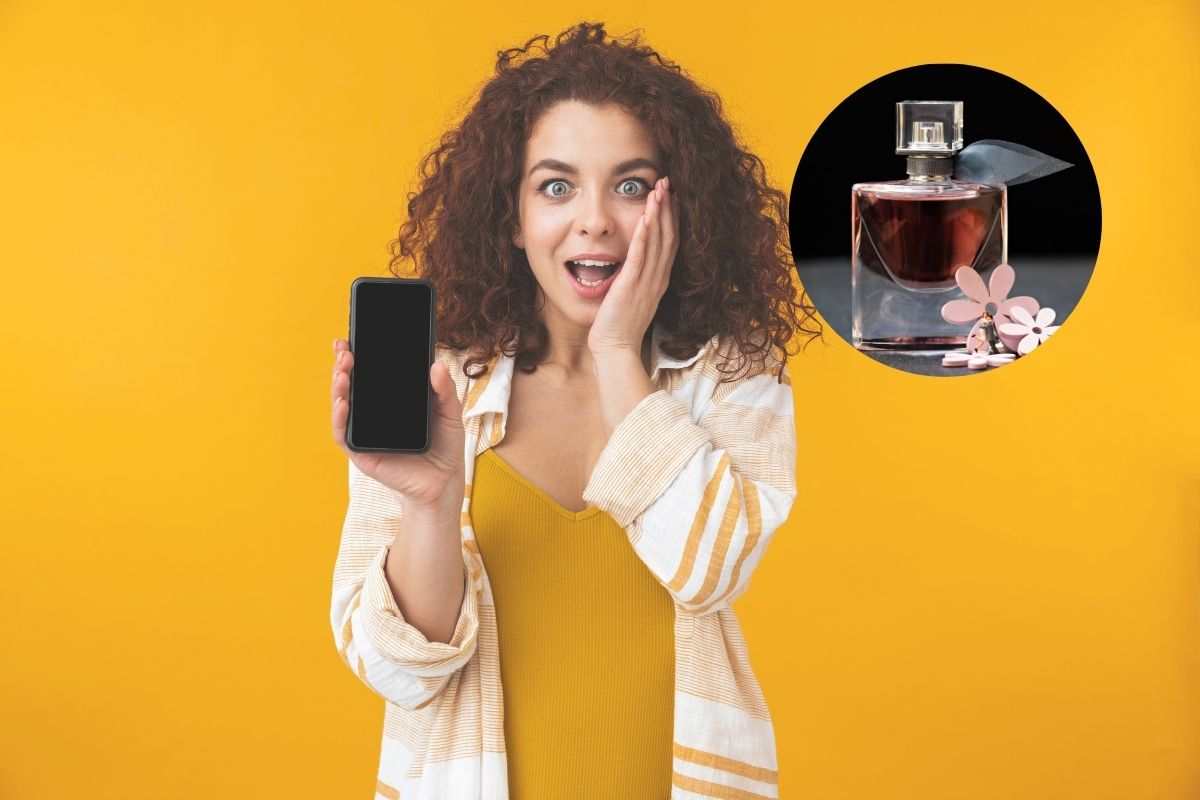ragazza con lo smartphone e profumo nel cerchietto