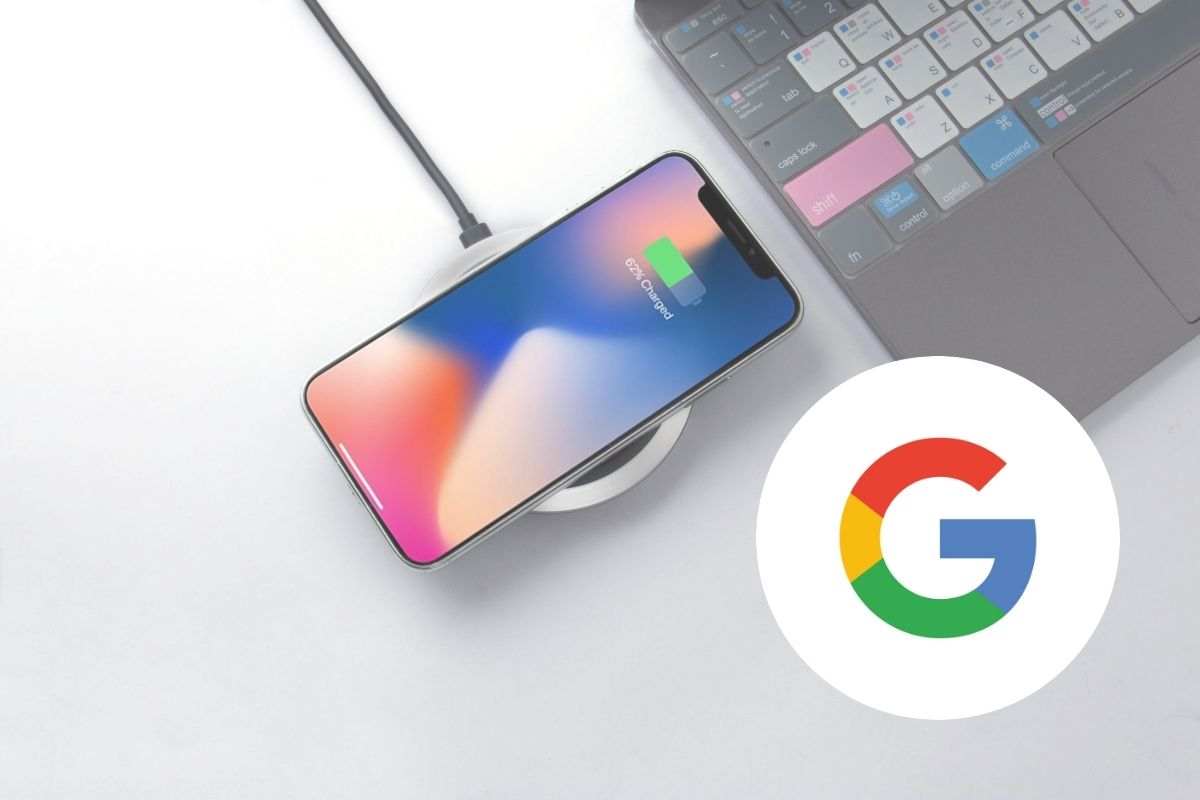 smartphone in ricarica wireless e nel cerchio il logo google
