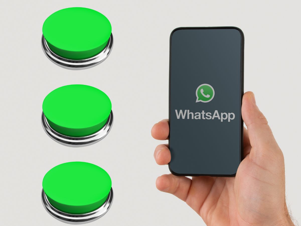 mano con smartphone con logo WhatsApp e a fianco tre pulsanti verdi