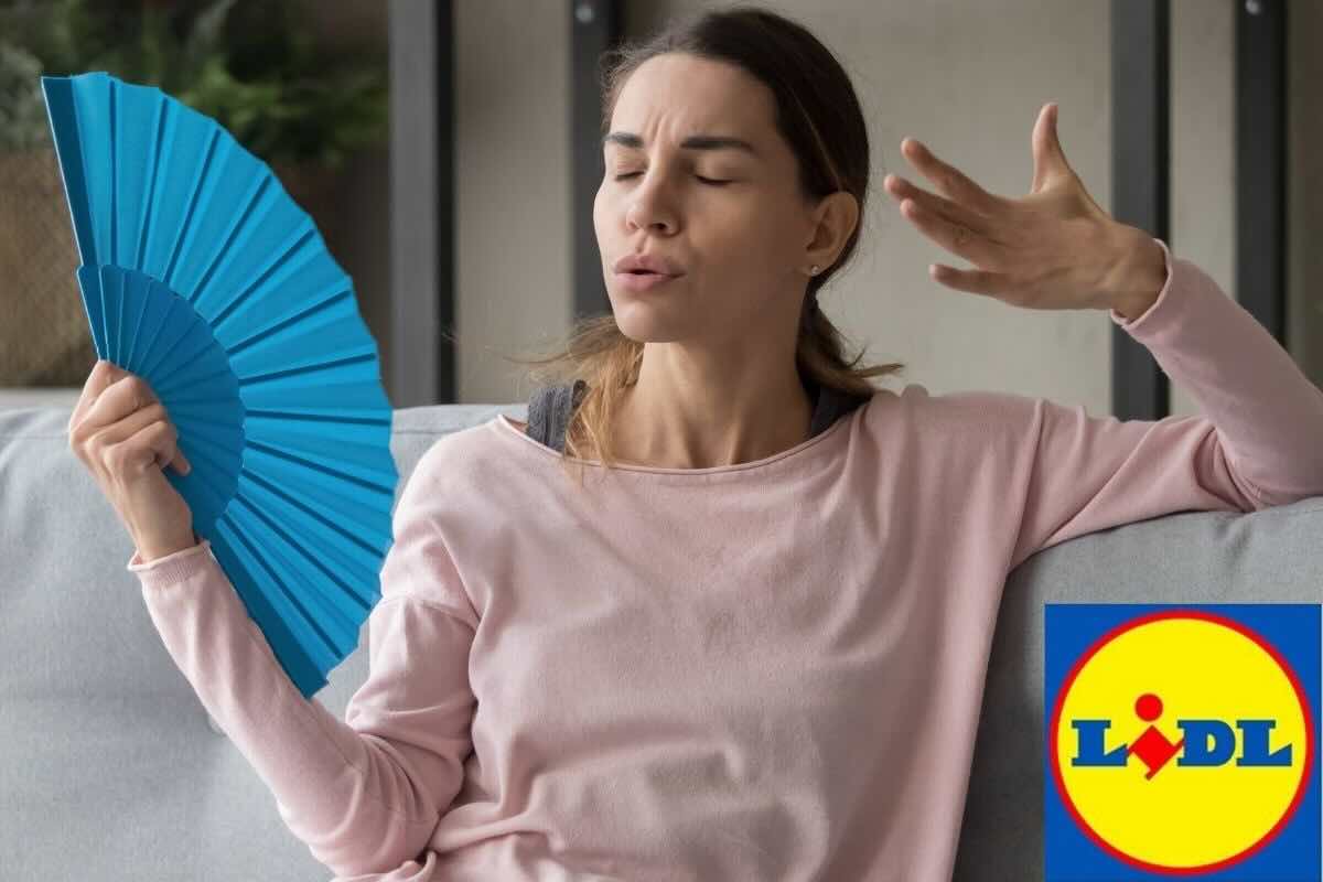 Ragazza sventola il ventaglio seduta sul divano, logo Lidl