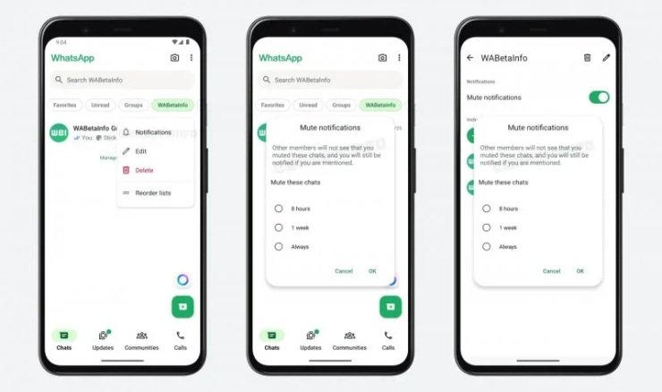 Schermate che mostrano la nuova Interfaccia Utente di WhatsApp