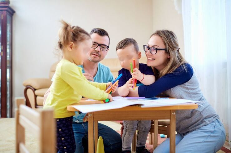 Uomo e donna giocano con due bambini ad un tavolino