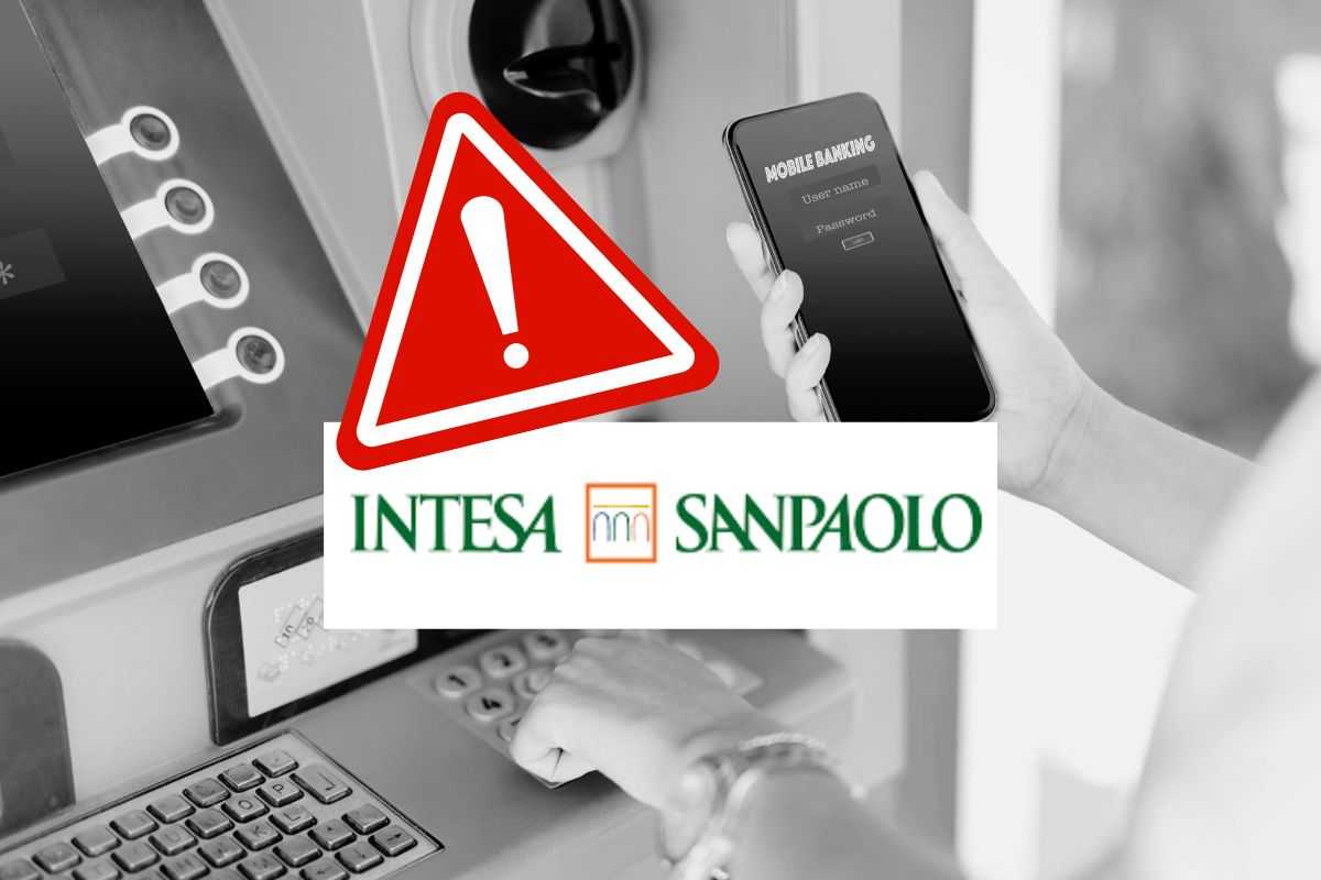 bancomat segnale di pericolo e logo intesa san paolo
