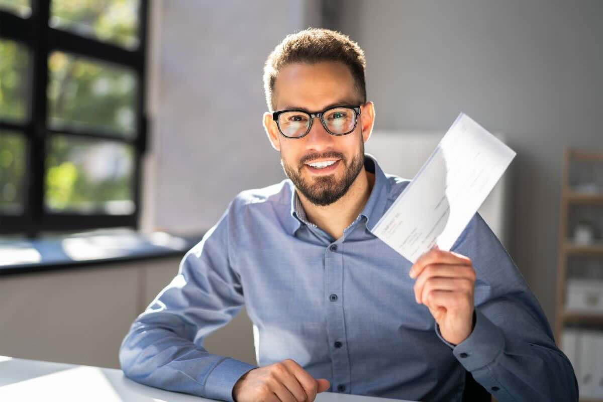 Ragazzo felice con occhiali da vista e documento in mano