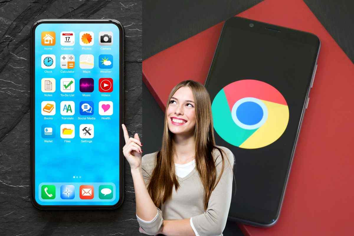 smartphone android e donna che indica iphone