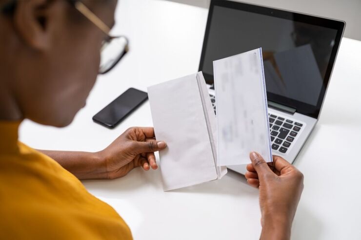 Ragazza con PC apre una busta con un documento 