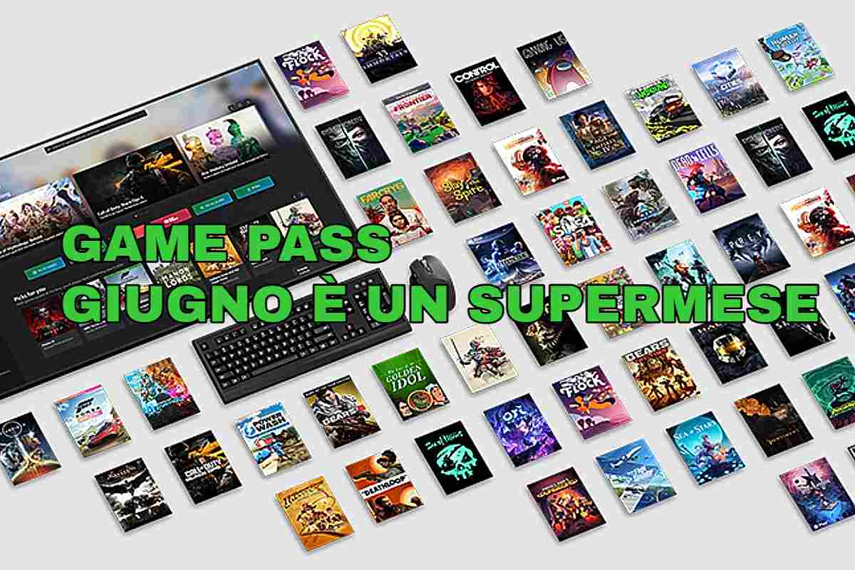 schermo di pc e carrellata di giochi con scritta game pass giugno è un supermese