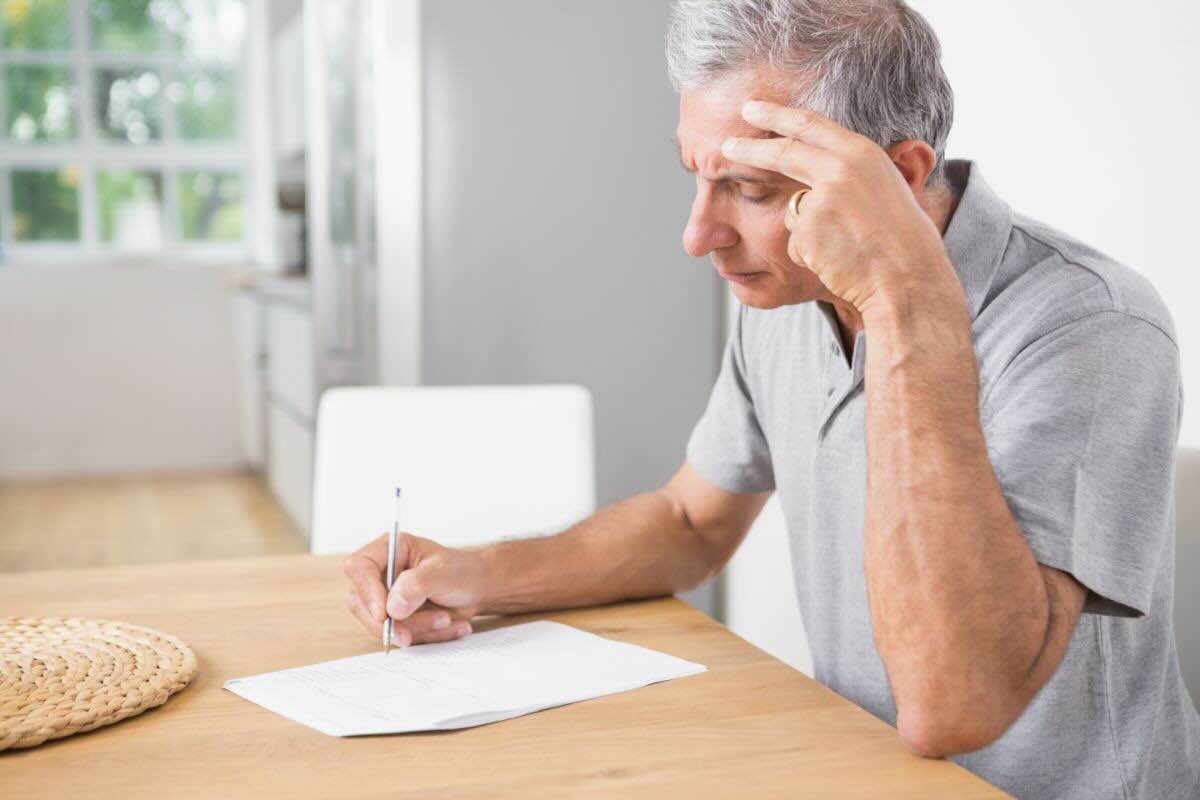 Uomo scrive su un foglio e tiene una mano alla fronte