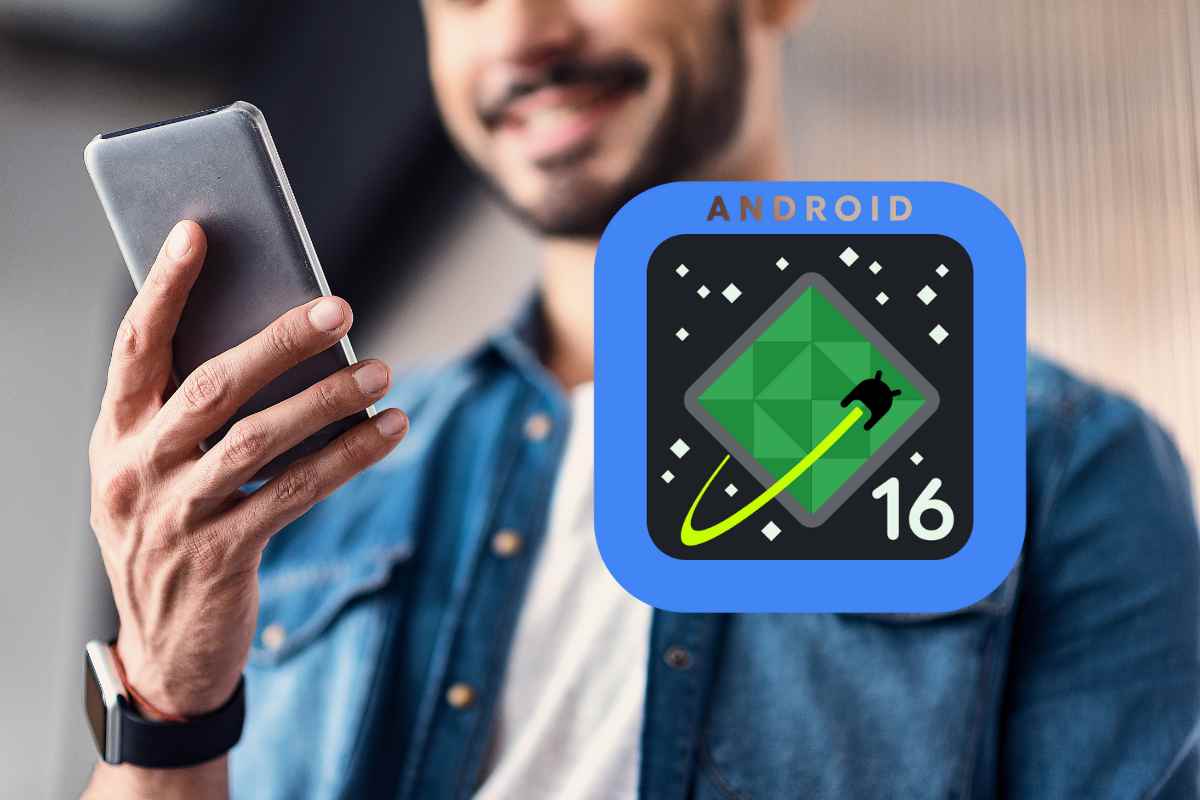 uomo con smartphone e logo android 16