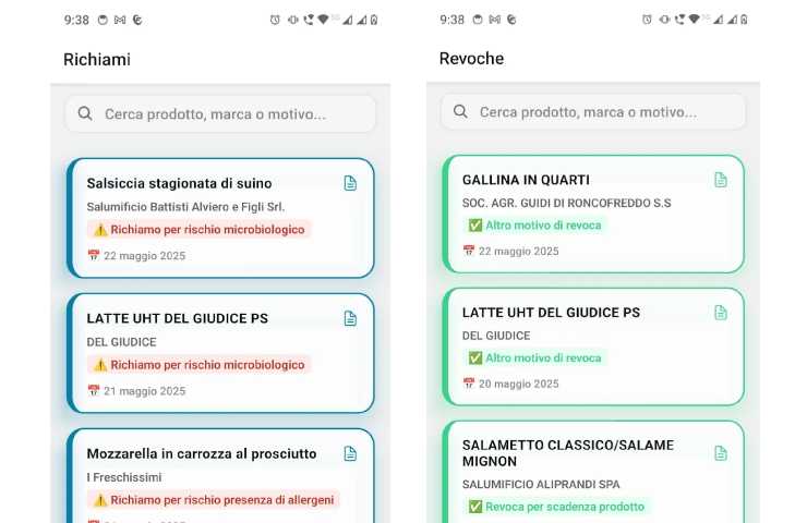 schermate con richiami e revoche