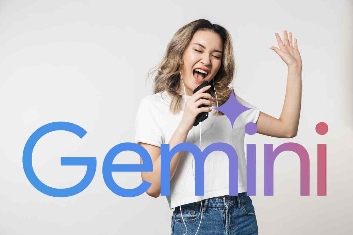 donna canta allo smartphone con scritta gemini