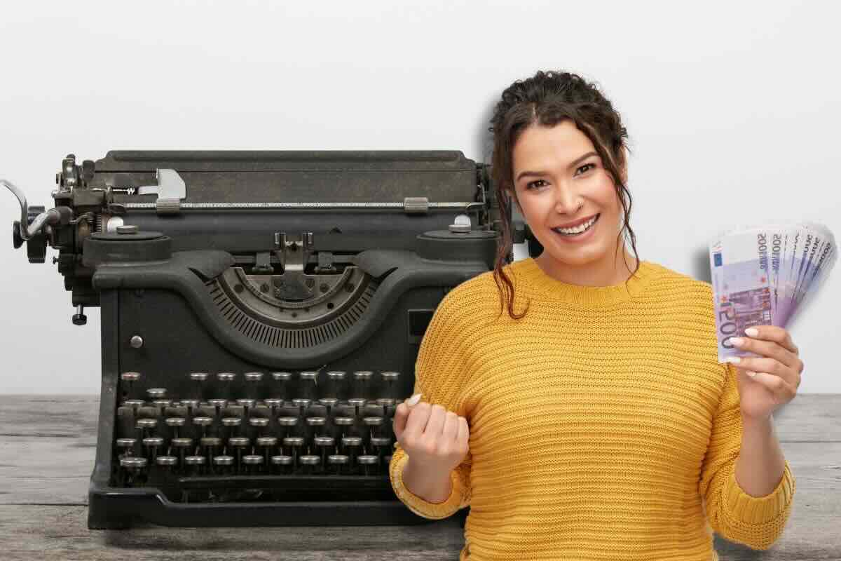 Ragazza esulta felice con banconote da 500 euro e sul fondo macchina da scrivere
