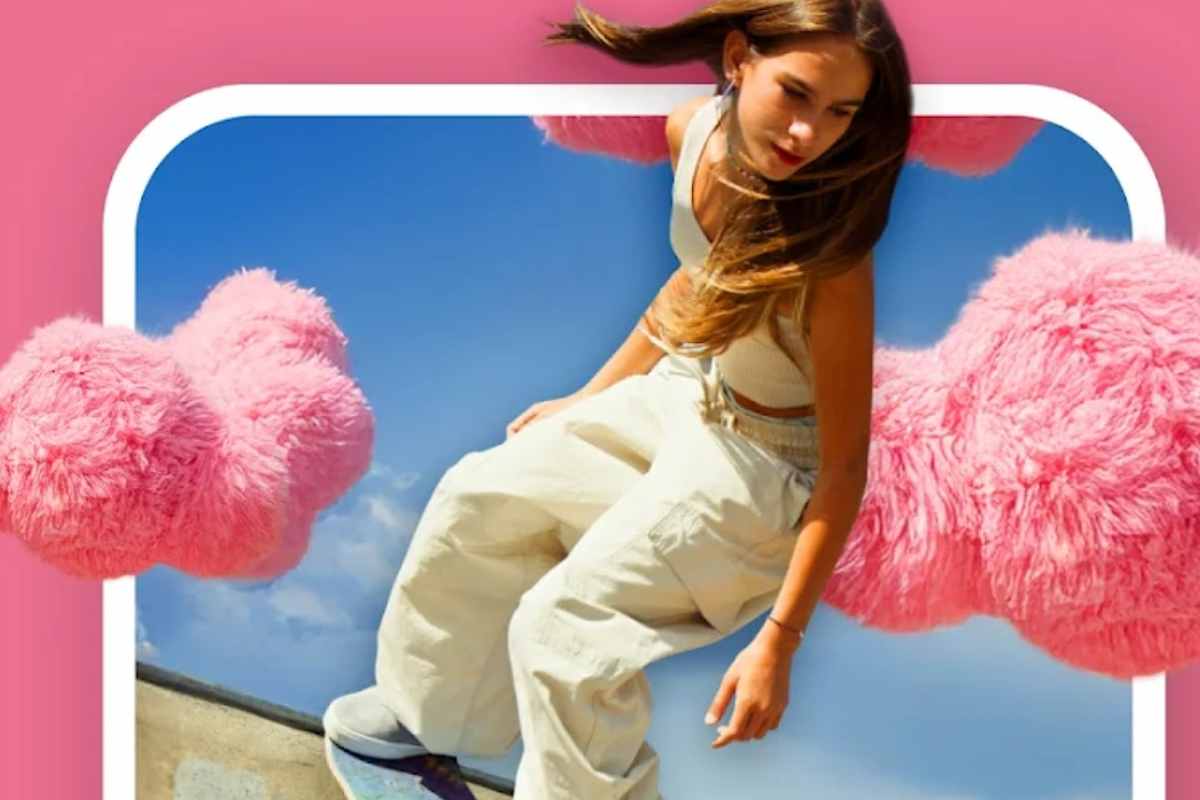 ragazza che fa skate su nuvole rosa