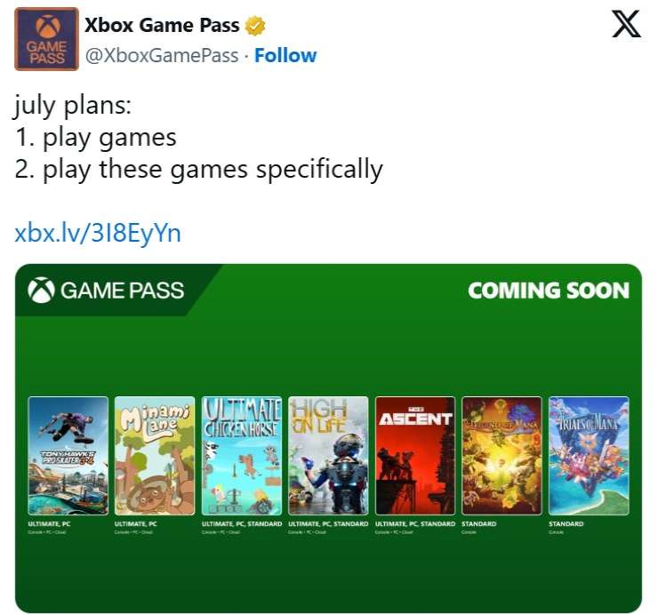 Post su X in cui vengono annunciati i giochi di luglio del Game Pass