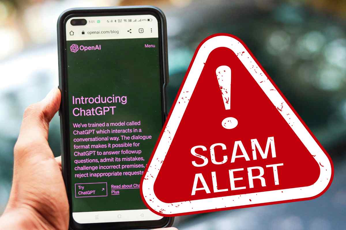 mano con smartphone e pagina di chatgpt con segnale di pericolo