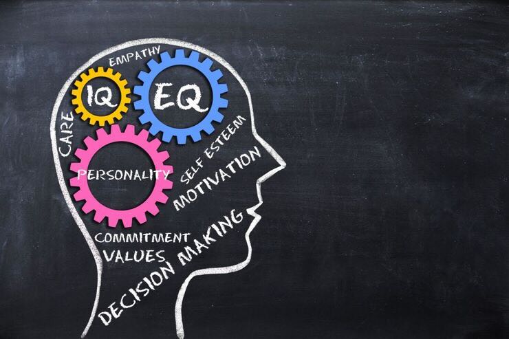 Cervello sezionato con scritte come IQ, EQ e altre