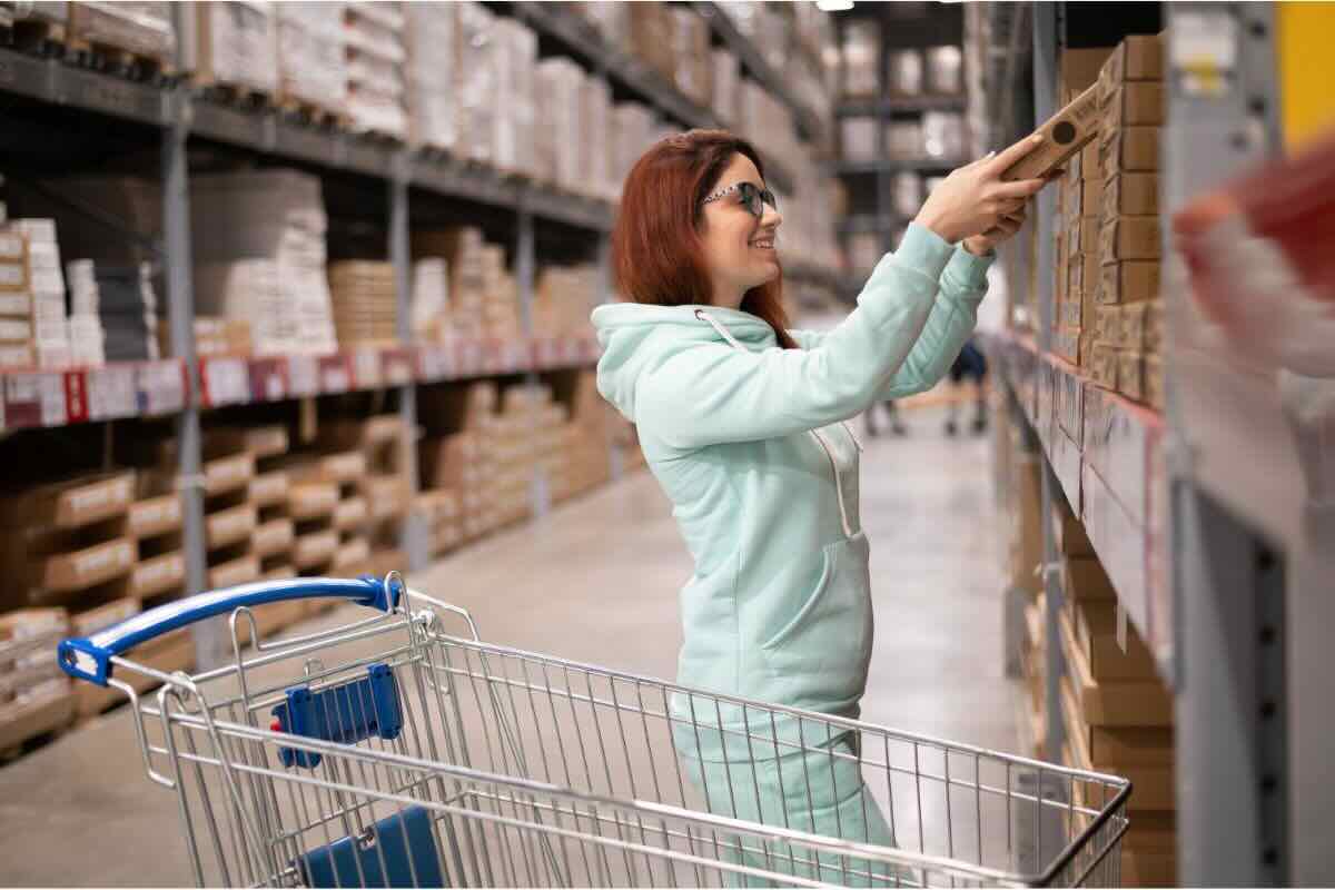 Donna prende qualcosa dallo scaffale, carrello accanto a lei