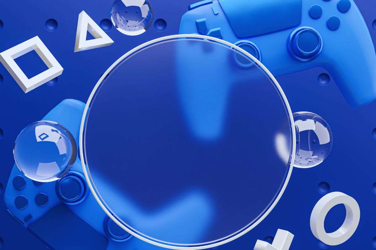Simboli Playstation e dualsens su sfondo blu