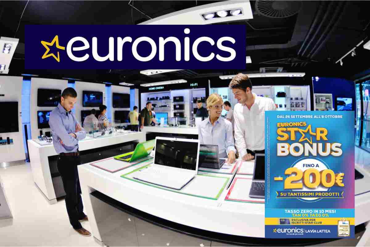 L'interno di un negozio di elettronica e riferimenti ad Euronics