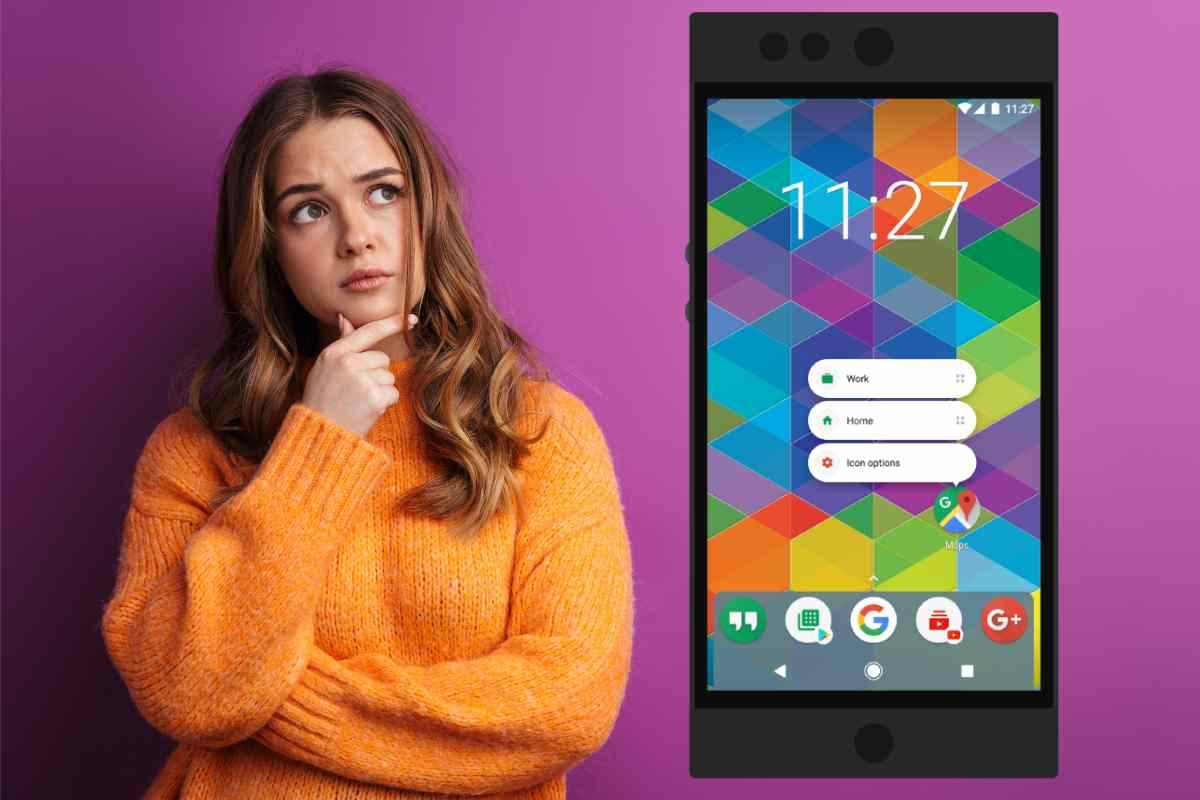 donna dubbiosa accanto a una schermata di nova launcher