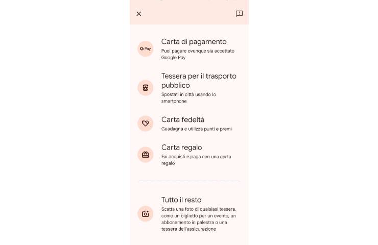 schermata menu google wallet