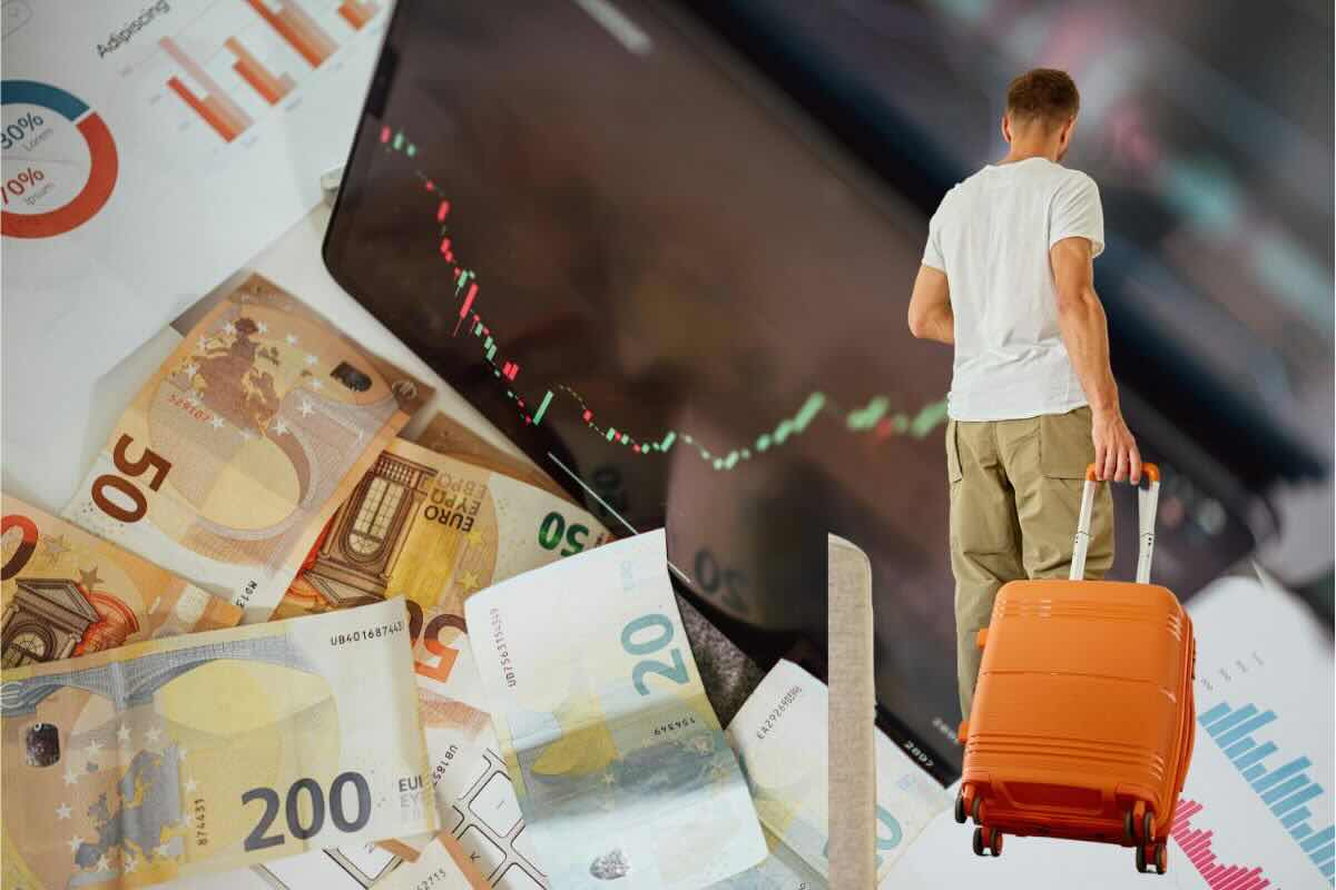 Banconote, grafico, ragazzo con valigia