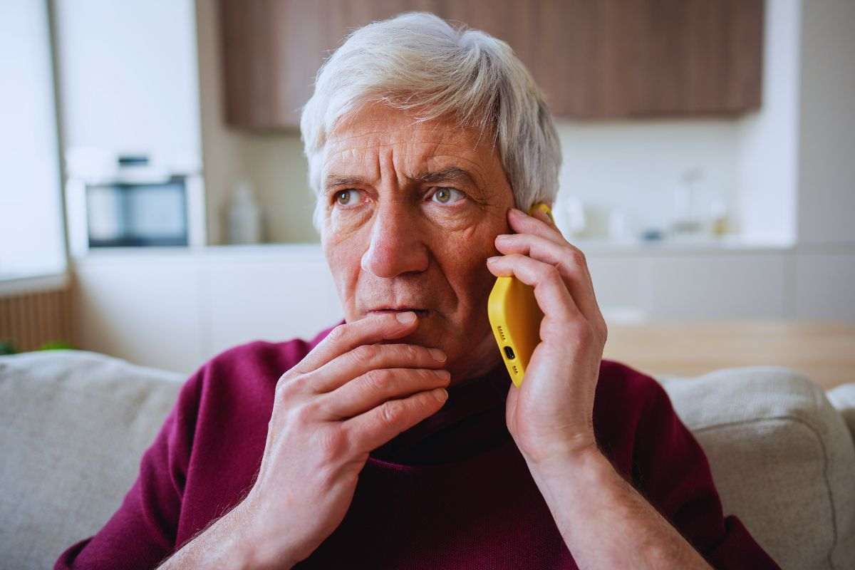 Umo con espressione preoccupata mentre parla al telefono