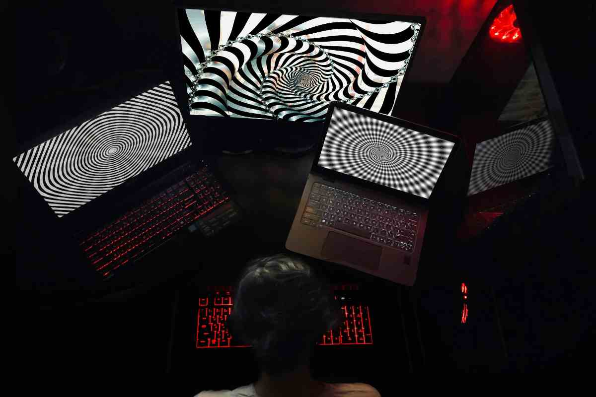 Uomo al buio davanti a tre schermi computer
