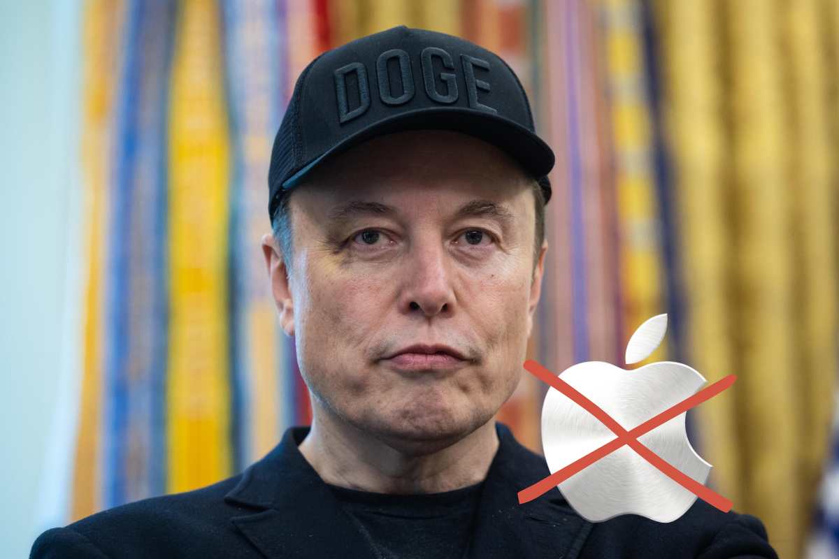 Elon Musk ed il logo di Apple con una X sopra